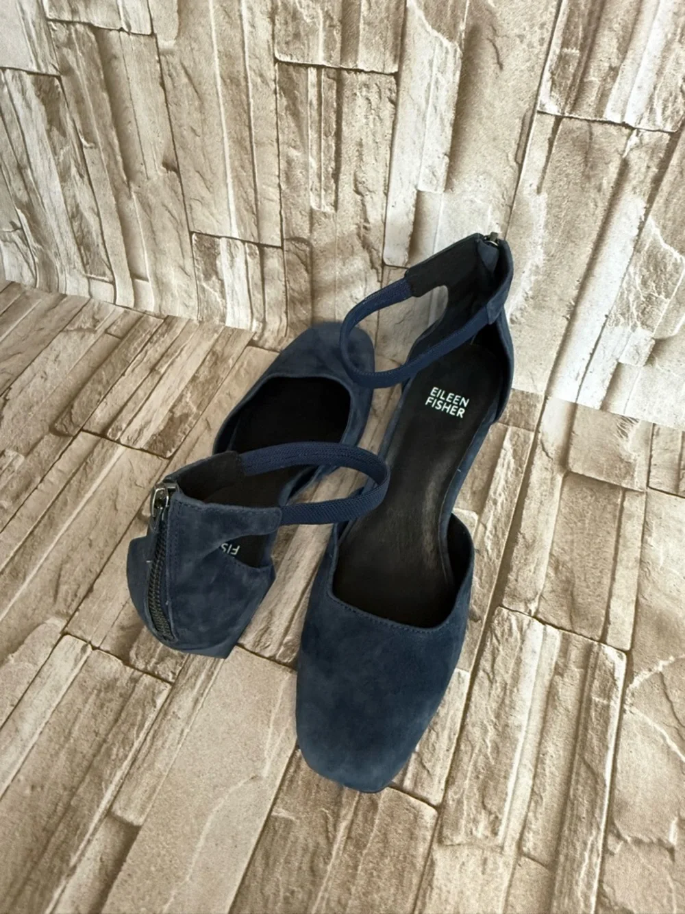 Eileen Fisher Navy Suede Square-Toe Ankle-Strap Block Heels - Picture 4 of 6